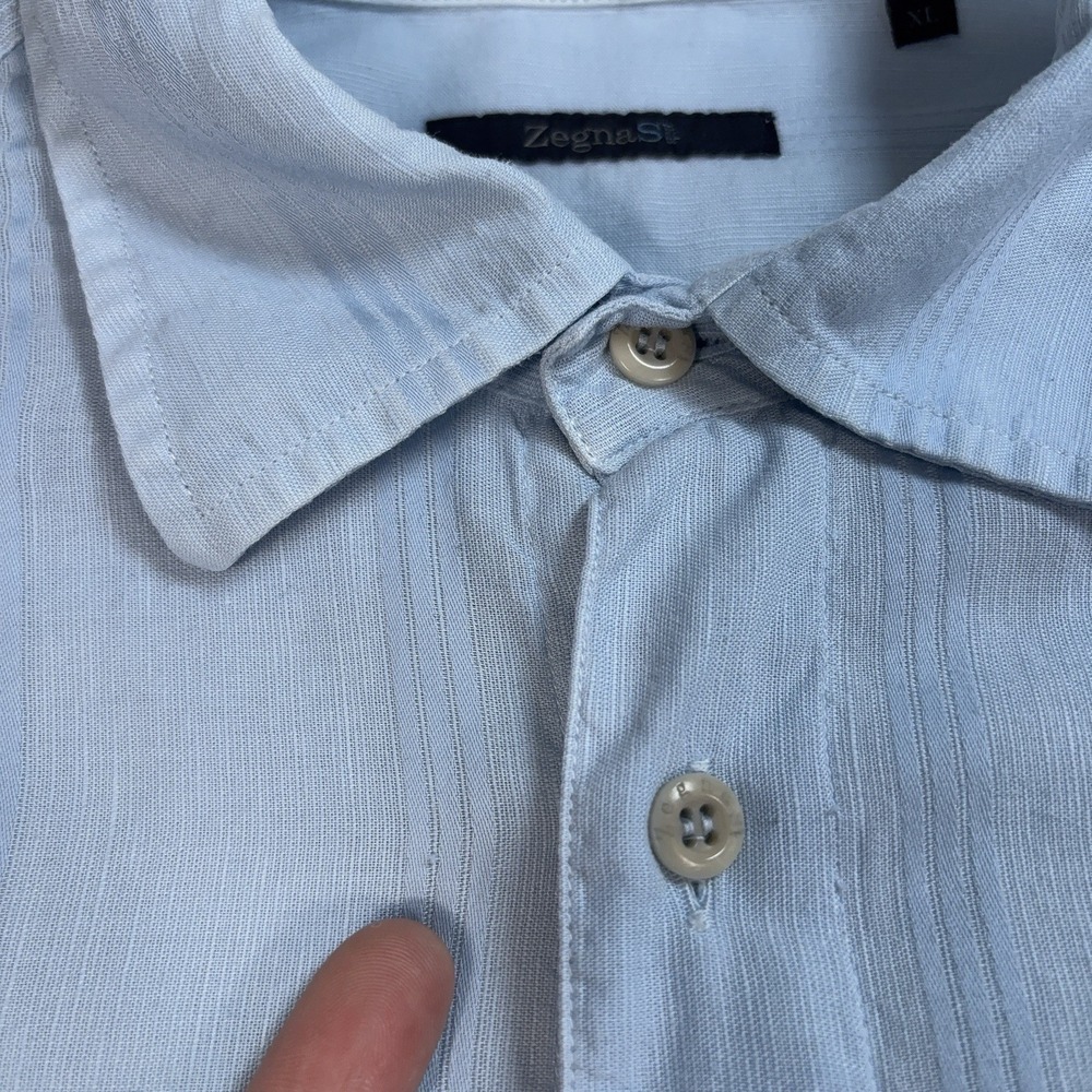 Zegna Sport Linen-Cotton Shirt Men XL Blue Stripe Pocket Made in Italy Button Up - Picture 13 of 16